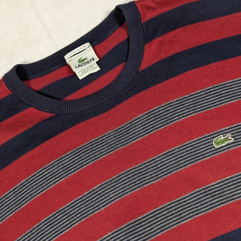 Lacoste Mens Cotton Cashmere Striped Crewneck Sweater Navy Red Size‎ 8 XXL